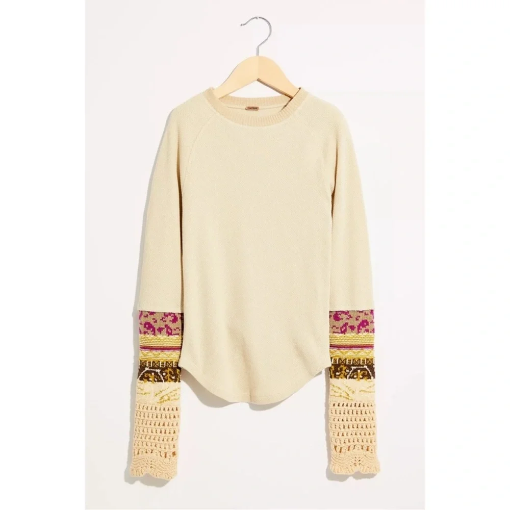 Free People Size Small Boho Thermal Top Crochet Cuff Patchwork Sleeve Cream